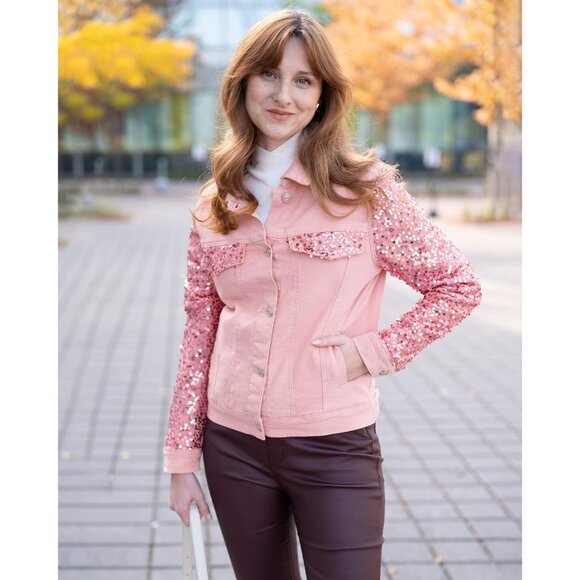 Pink Sequin Jean Jacket for Women Long Sleeve Sparkly Denim Party Coat Pocket - Picture 3 of 8